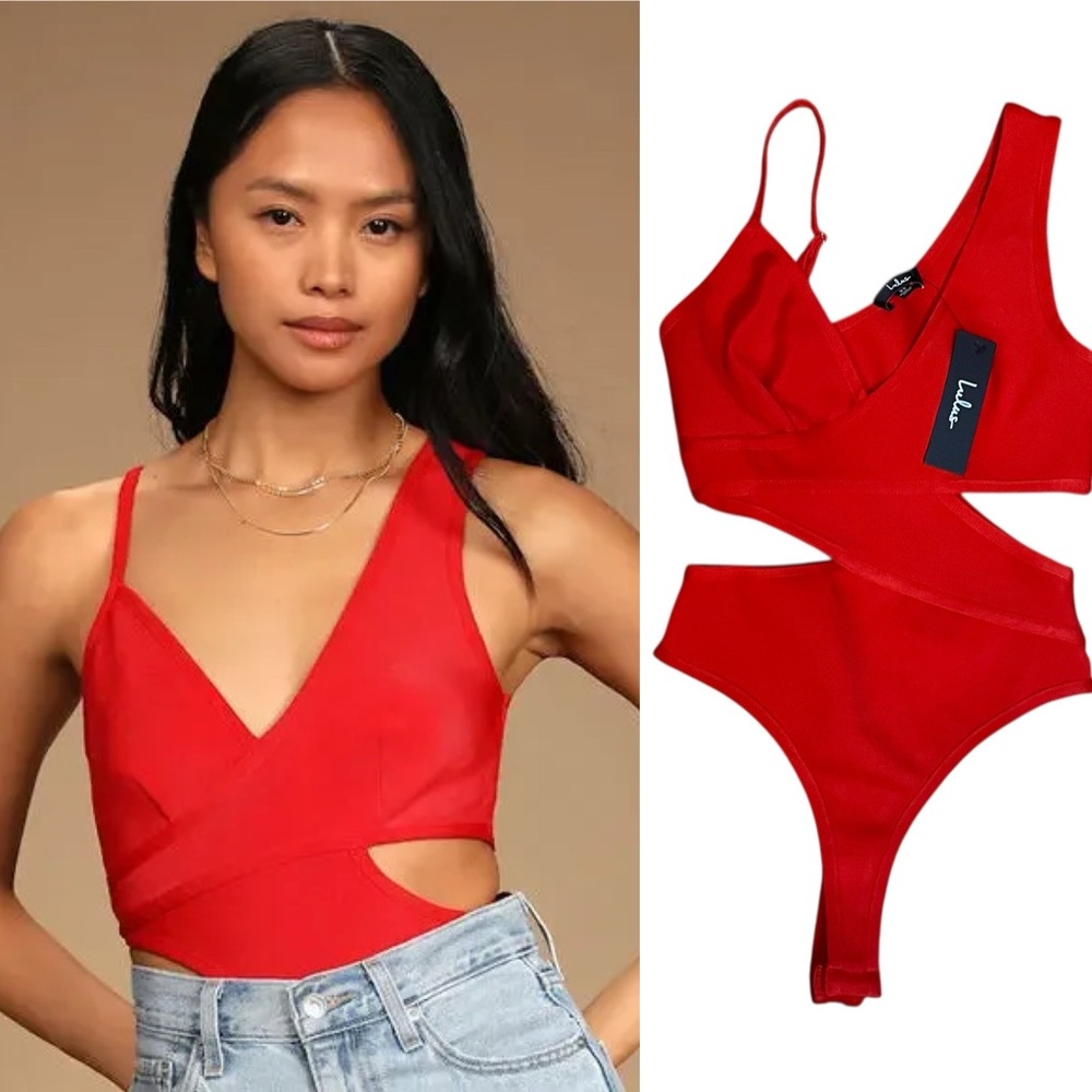 NWT Lulus Vibrant Red Cutout XS  Bodysuit Bondage Stretch of Imagination Cutout